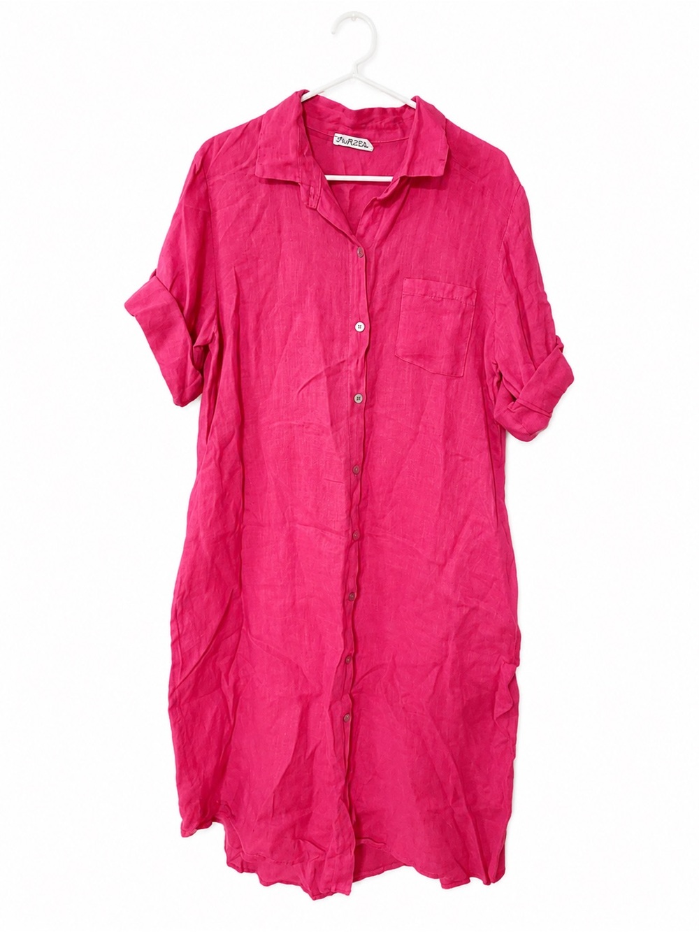 P & R STAR made in Italy 100% Linen Bright Pink Button-Front Shirt Dress
